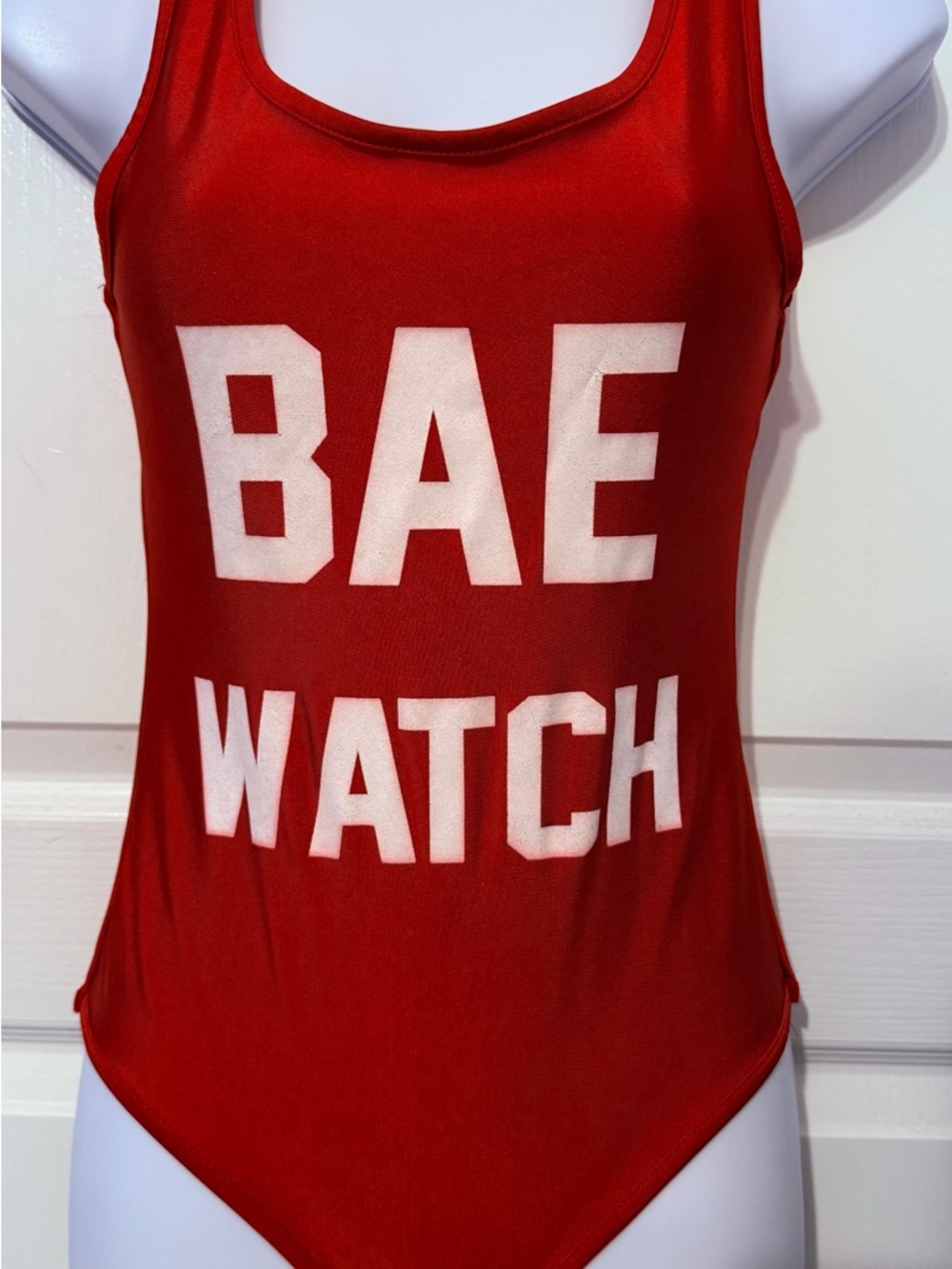Red Graphic One-Piece Swim Bodysuit - 'BAE WATCH'